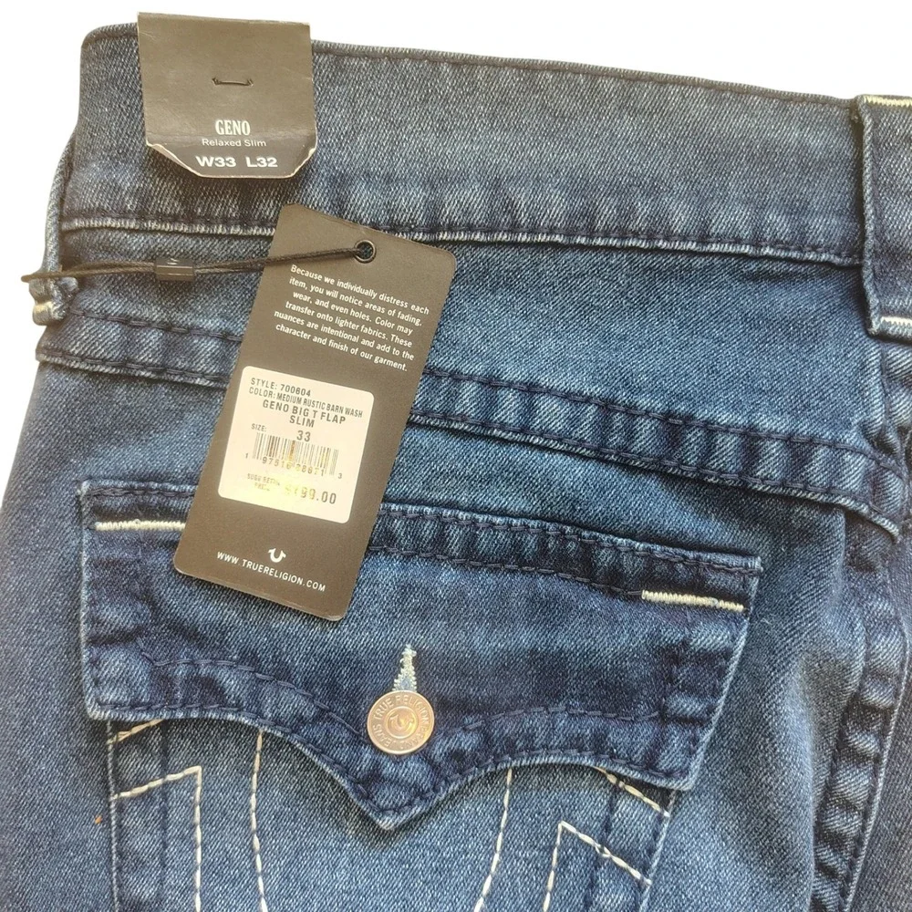 True Religion Geno Relaxed Slim Jeans Mens 33x32 Big T Flap‎ Medium Rustic Barn
